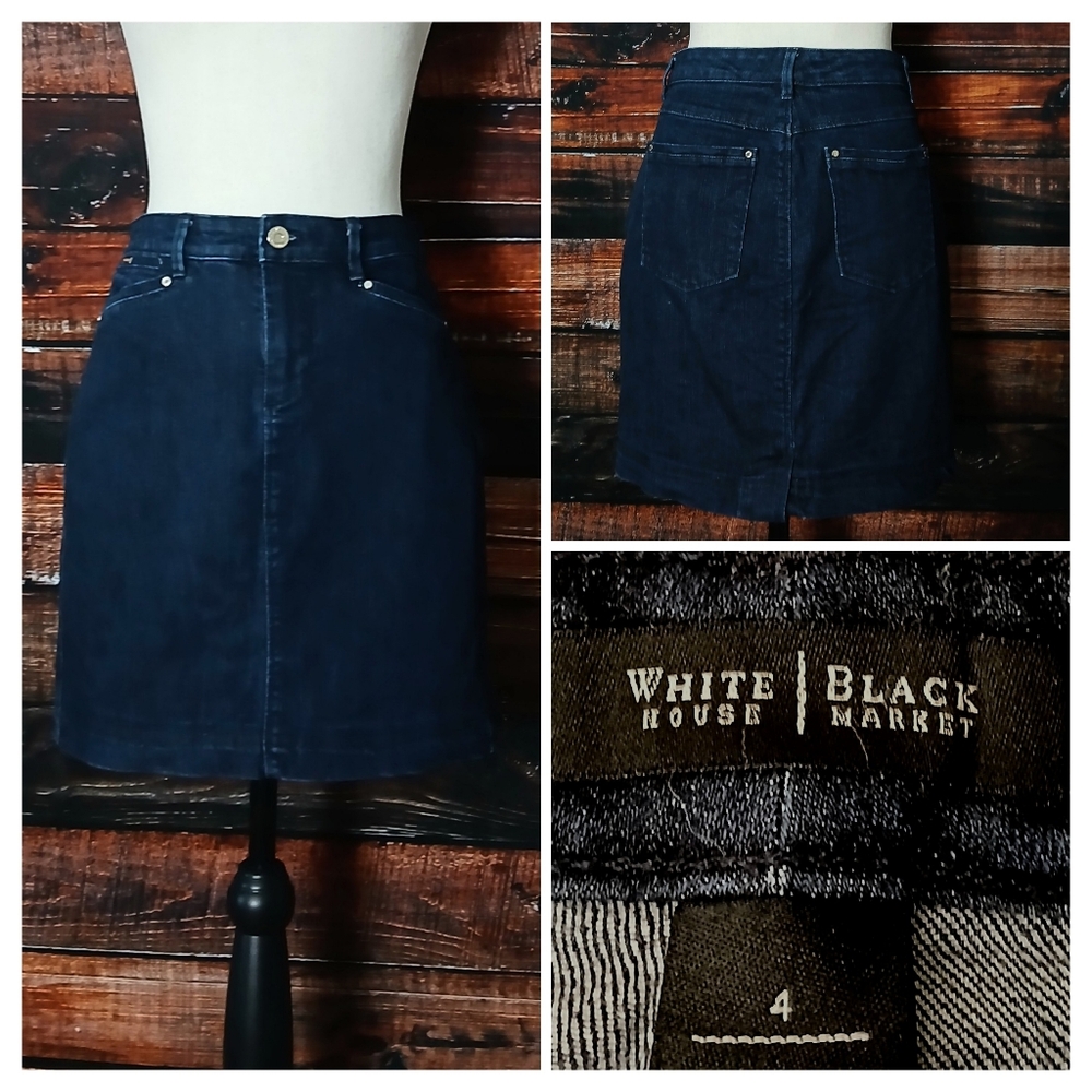 White House Black Market Skirt 4 Mini Jean Denim Dark Wash Zip Fly Stretch